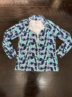 Lilly Pulitzer Navy & Aqua Elephant Print Quarter-Zip Pullover